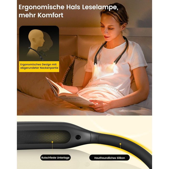 Glocusent Лампа для читання на шиї з 100 годин освітлення, захищає зір | Регульована колірна температура та 5 рівнів яскравості, легка лампа для ліжка, шиття, ремонту