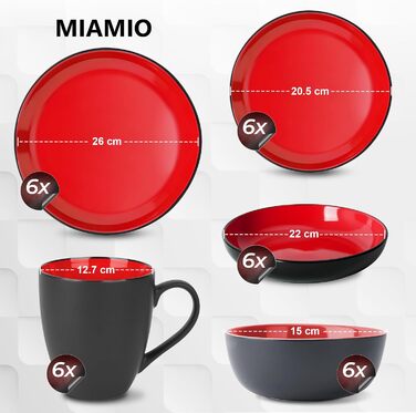MIAMIO Сервіз для 6 осіб з 30 частин з кераміки, сервіз з тарілок, мисок, чашок та супових тарілок, колекція Le Papillon (Червоний)