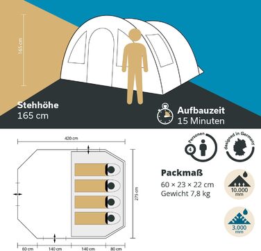 Намет Skandika Kambo Tunnel 4 особи - сімейний кемпінговий намет з темною спальнею, водонепроникний (3000 мм), 3 входи, сірий/бежевий