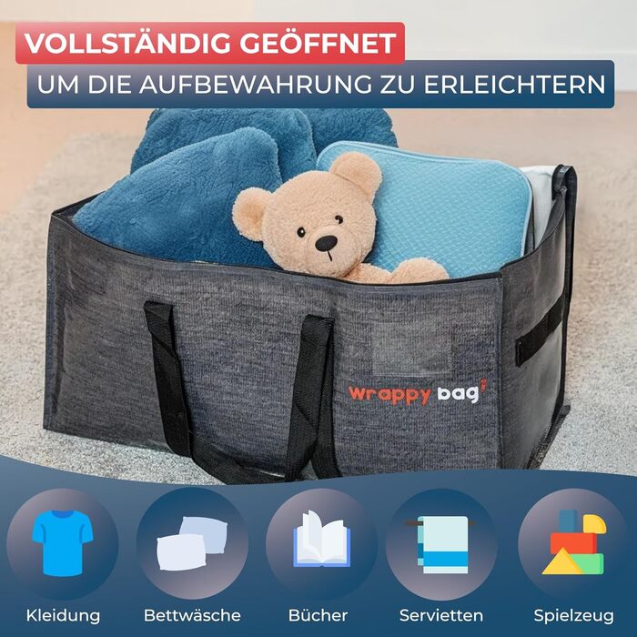 Pack of 4 Large Plastic Storage Bags – XXL Bags for Moving & Travel – Sturdy, thick & waterproof with reinforced handles – for clothing & bedding – 75 x 36 x 38 cm (Grey, 10 pack)