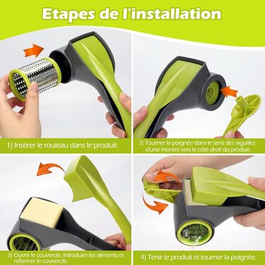 Ручна тертка для овочів 3-в-1 з нержавіючої сталі, Mandoline, терка для сиру з ручкою та 3 змінні леза, для салату, горіхів, фруктів, піци, зелені (терка для сиру сірого кольору)