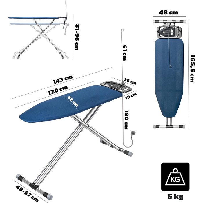 КADAX Розкладне прасувальне прізвисько 120x42 см з алюмінію з підставкою для праски та тримачем для кабелю, регульована висота, з розеткою (Темно-синій)