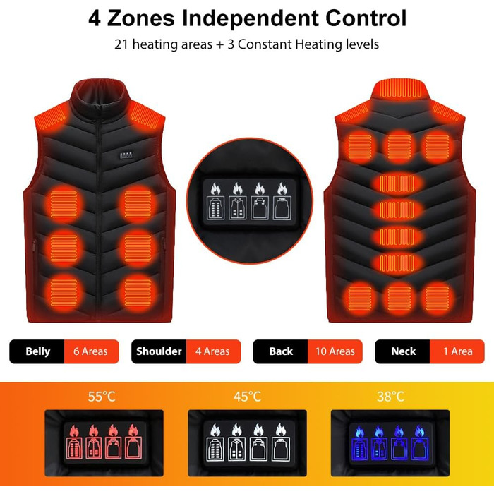 Обогревна жилетка Amurhey для чоловіків та жінок з 21 зоною обігріву, сумісна з 5V/7.4V, модель 2025. Електрична жилетка, унісекс, тепла, яку можна прати. (Без Powerbank)