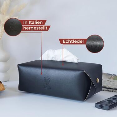 Genuine Leather Cosmetic Tissue Box, Handcrafted, Made in Italy, Perfect for Living Room, Bathroom, Kitchens, and Office/Practice (Black)