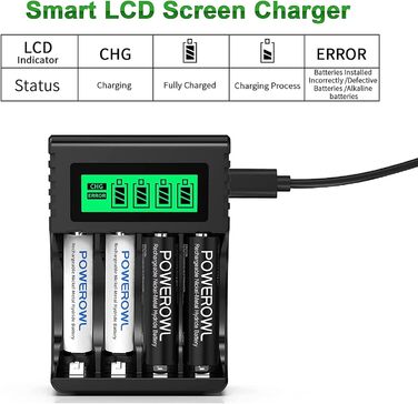 Акумулятори AA Powerowl 2800mAh NI-MH, 8 шт. з інтелектуальною зарядкою USB, 4 слоти, незалежні слоти