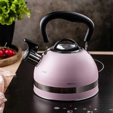 Чайник Kinghoff 1.8L з нержавіючої сталі з свистком, для індукційних плит, рожевий