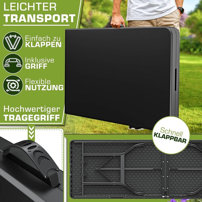 Зручний складаний садовий стіл Tillvex 180x75 см з ручкою для перенесення | Стіл для тераси, балкона, кемпінгу | Чорний