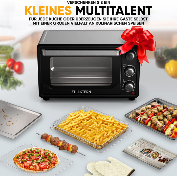 Міні-піч Stillstern CYCLONE PRO+ (25л) з конвекцією: піч-фритюрниця, гриль, тостер, піца, для кемпінгу, з антипригарним покриттям, рецепти, вертушка, 1500W