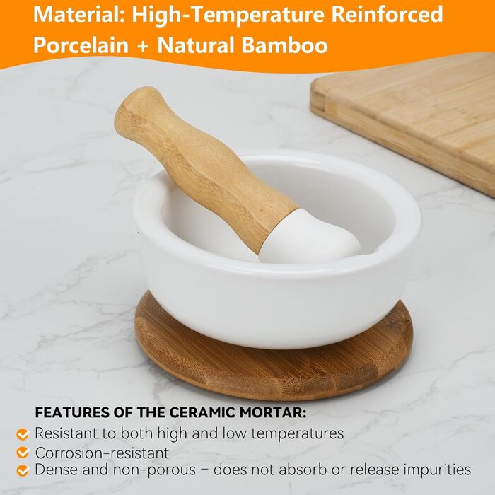 Ступка керамічна з товкачиком на бамбуковій підставці 12 см для спецій та трав - Млинок для перцю, ванілі, морської солі