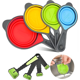 Collapsible Measuring Cup and Spoon Set, 8 Portable Silicone Measuring Cups and Spoons, for Liquid and Dry Measurement, Folding Measuring Cups and Spoons, Green Color (random)
