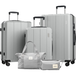 Набір валіз, багажний набір, роликові валізи, дорожній набір валіз 5шт, ABS пластик, TSA замок, містить 1 сумку та 1 косметичку, 4 колеса, телескопічна ручка з алюмінію (рожеве золото) (темно-сірий)