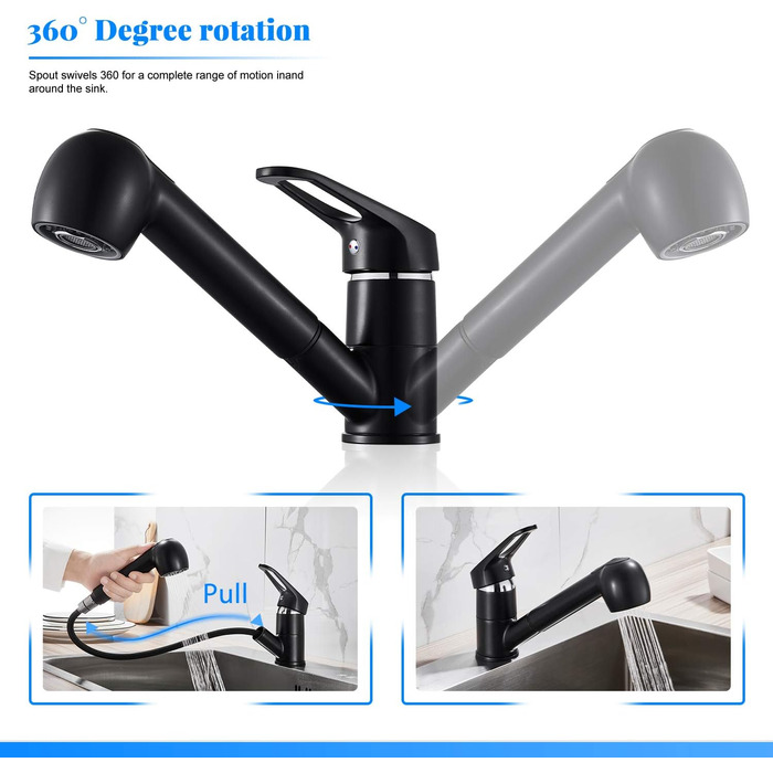 Висувна кухонна змішувач BONADE з двома виходами для води, поворотна на 360°, чорний