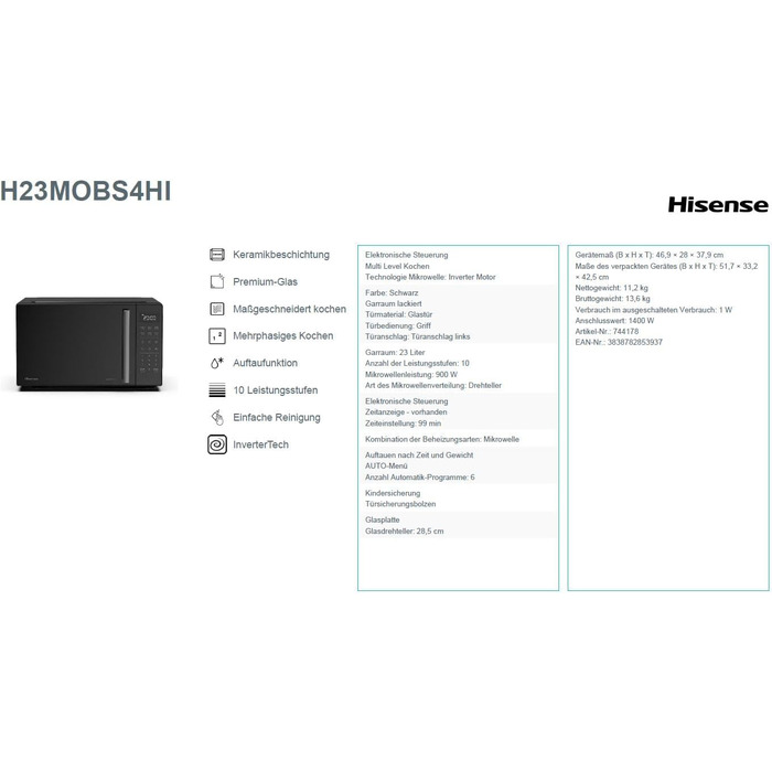 Мікрохвильова піч Hisense H20MOBS4HI 23 л з InverterTech, керамічним покриттям та цифровим керуванням