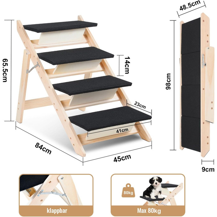 Сходинка для собак та котів 2-в-1, розкладна, 65.5 см, 4 сходинки, вантажопідйомність 80 кг, з антиковзним килимком