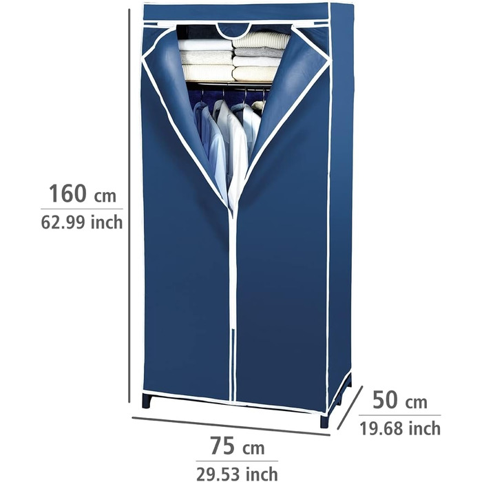 WENKO Air Wardrobe, practical fabric wardrobe for dust-free storage of textiles, stable metal frame, easy assembly, breathable non-woven material, 75 x 150 x 50 cm, Navy (with shelf)