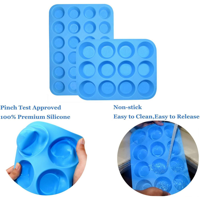 2 Pack Silicone Muffin Baking Mold Set - Regular 12 Cups + 24 Cups Cupcake Mold BPA Free, Non-Stick, Heat-Resistant, Food-Grade Silicone Baking Molds with Bonus 1 Silicone Spatula & 1 Oil Brush blue