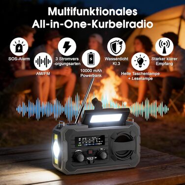 Радіо FIVAVA на сонячних батареях з ручним генератором, Powerbank 10000mAh, AM/FM, SOS-сигналізація, LED-ліхтарик для кемпінгу та надзвичайних ситуацій (Чорний)
