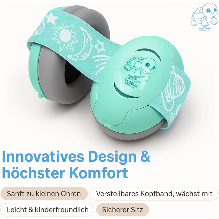 Навушники для захисту вух дитини 3-7 років (білий/зелений) - Комфортні, CE-сертифіковані, без тиску на джерельце. Захист від шуму для концертів, подорожей та повсякденного використання.