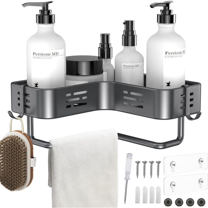 Поличка для душу без свердління, кутова, для ванної кімнати, органайзер, шафка для душу, тримач для шампуню, 2 гачки, темно-сірий