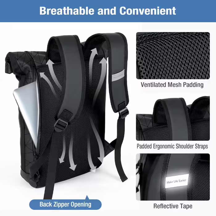 Roll-Top Backpack Waterproof for Women & Men, Large Laptop Backpack with Computer Compartment for 17-inch Laptop, Elegant Travel Backpack Daypack for Travel, Cycling, University, School - Diamond Pattern