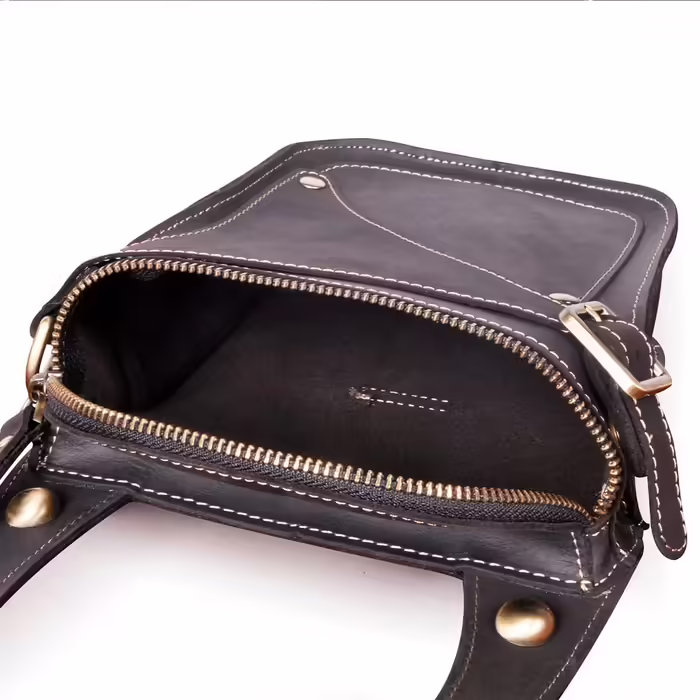 Le'aokuu Men's Leather Motorcycle Hip Bag Messenger Shoulder Drop Leg Bag (9326 Dark Black)