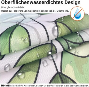 Штора для душу 300x200 см, зелені листки, антигрибкова, текстильна, з обтяженим краєм, водовідштовхувальна, поліестер, з кільцями та 16 гачками для ванної кімнати