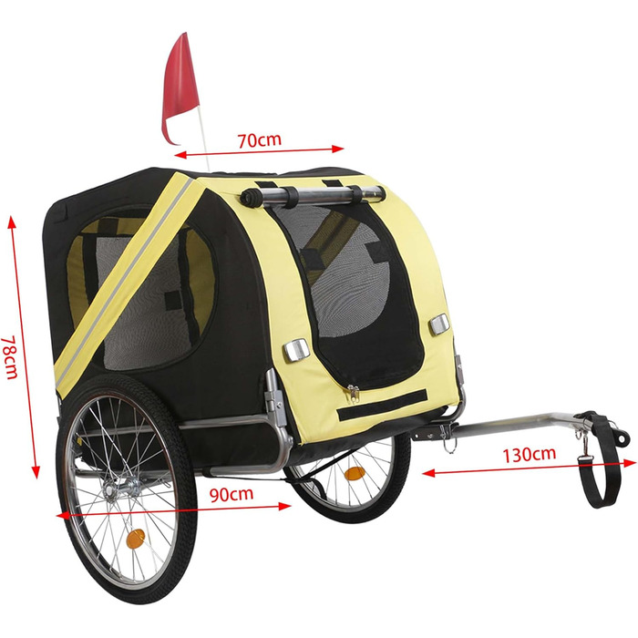 Причіп для собак Wiltec 220x700x78 см з безпечною муфтою, причіп для вантажів з москітною сіткою та захистом від дощу (чорний / жовтий)