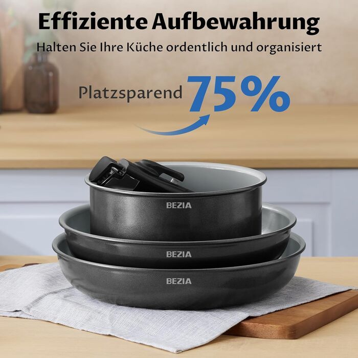 Набір каструль Bezia з керамічним покриттям (9 предметів) - каструлі та сковорідки для індукційних плит, антипригарне покриття, для кемпінгу, сумісні з усіма типами плит, складені, набір сковорідок, придатні для духовки