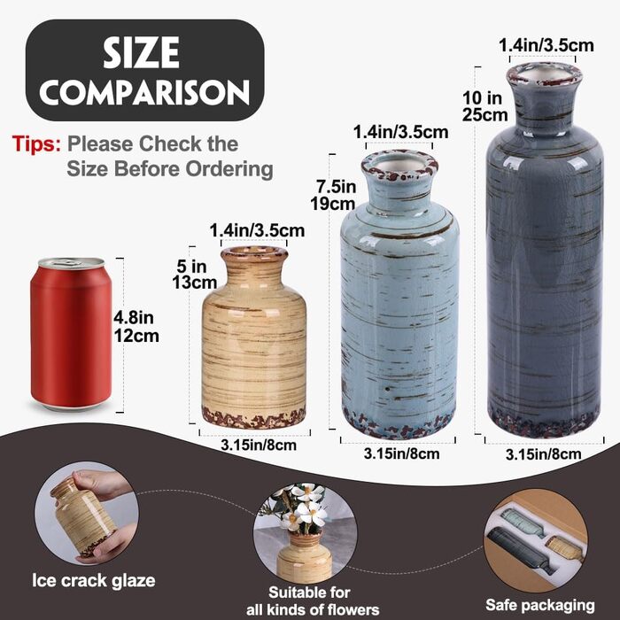 Набір керамічних ваз (3 шт.) для декору інтер'єру, сучасний, рустикальний стиль, для вітальні, кухні, ванної кімнати