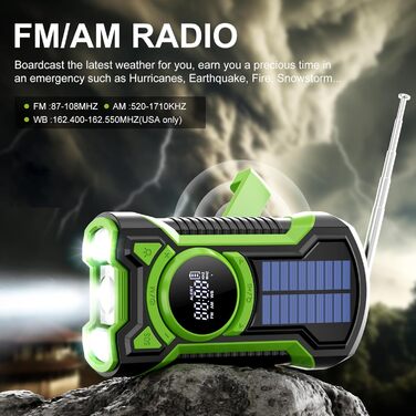 Радіо на сонячній батареї та ручному приводі Gemmac 5000mAh з Bluetooth, USB AM/FM, Power Bank, SOS-сигналом, ліхтариком – для кемпінгу та виживання (Зелений)