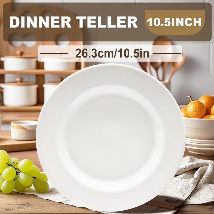 36-ти елементний набір посуду – міцний, легкий, з мисками для каші 26 oz, десертними та обідніми тарілками 10.5 дюймів, придатний для миття в посудомийній машині, багаторазовий, подарунок для дому, для щоденного використання, посудовий набір білий (10.5 д