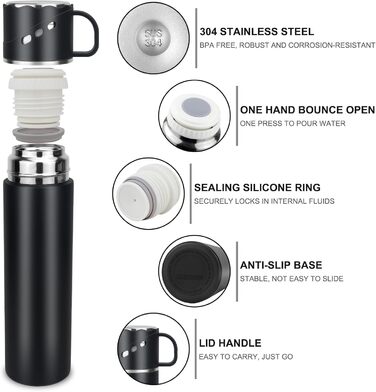 Термос із нержавіючої сталі 550 мл - термос-термокружка з чашкою та ручкою, вакуумний термос 12 годин гарячий / 12 годин холодний, нековзний термос для кави в дорогу для спорту, роботи, школи, автомобіля (Чорний)