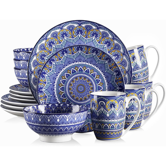 Набір посуду Vancasso MANDALA 16 предметів, кераміка, ручна робота, блакитний, для 4 осіб