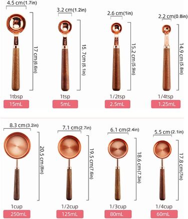 Ldawy Measuring Spoons Measuring Cups Stainless Steel Measuring Spoons 4-Piece Precision Kitchen Measuring Tool with Walnut Handle for Baking (Rose Gold)