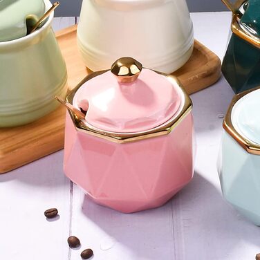 Sugar bowl with lid and spoon, 270 ml ceramic sugar bowl, multifunctional sugar container, spice container, salt shaker, spice dishes, sugar bowl for the kitchen, organization, 280 ml (pink)