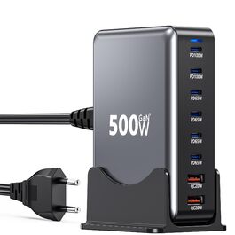 Зарядний пристрій USB-C 500W, 8 портів, GaN PD PPS, для MacBook Pro/Air, iPad, iPhone 15/16, Galaxy S23 - чорний