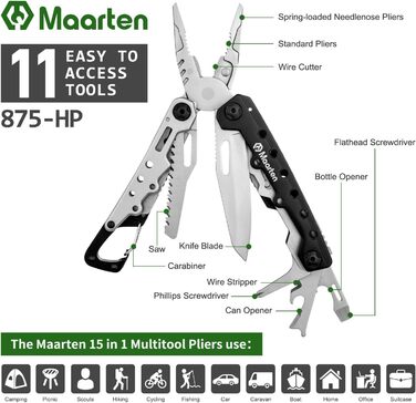 Мультитул Maarten 11 в 1: компактний мультиінструмент з нержавіючої сталі з карабіном та чохлом, подарунок для чоловіків