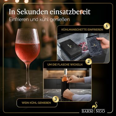 Охолоджувач для вина BARMINGO з нержавіючої сталі з 2 охолоджувальними акумуляторами – охолоджувач напоїв та флаконів для вина, шампанського, сект | Охолоджувач сект з подвійними стінками з охолоджувальними манжетами | Охолоджувач для винних пляшок | Сріб