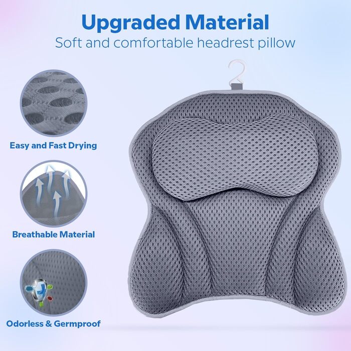ADOV Bathtub Pillow – Ergonomic Luxury Neck Pillow with 6 Suction Cups, Soft Bath Pillow with 3D Air Mesh for Head, Back and Shoulders, Washable Pillow for Bathtub, Ideal for Bathtub, Spa (Gray)