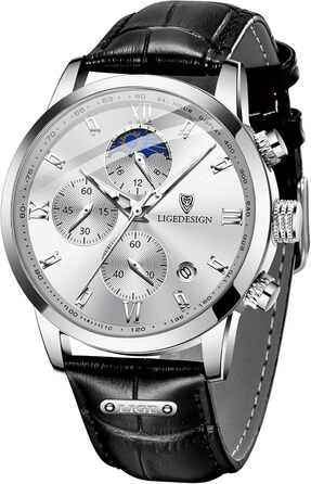 Годинник чоловічий LIGE Retro з шкіряним ремінцем, 3ATM, водостійкий, аналоговий, з датою, місячними фазами (чорний / білий)