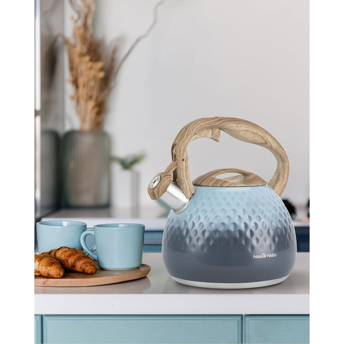 Чайник для заварювання чаю Teekessel 2,7 л з емальованим покриттям, зелений колір з імітацією дерева, з носиком-свистком, з нержавіючої сталі, антипригарне покриття, зручна ручка оливкового кольору з переходом у блакитний