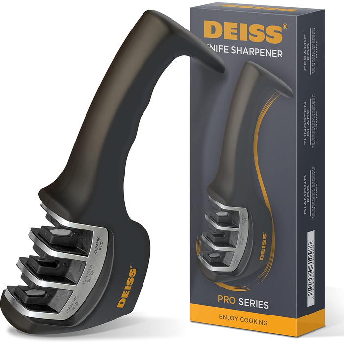 Deiss PRO Точилка для ножів 3-ступенева - професійна для кухонних, мисливських та керамічних ножів. Відновлює та полірує леза