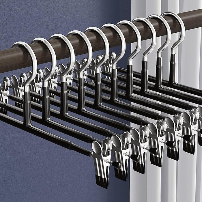 10 металевих вішалок для штанів, шкарпеток та спідниць з кліпсами, 30 см, антиковзаючі, хром, міцні, економія місця, чорний
