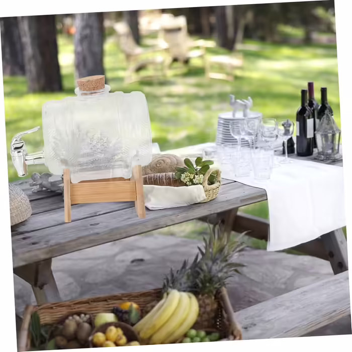 1-liter glass bottle, wine barrel, carafe, sealed beverage barrel, drink container for parties, alcohol drink container, drinking barrel, glass drink dispenser, wooden barrel.