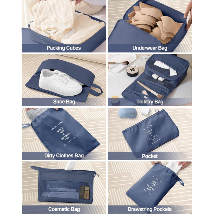 Органайзери для валізи, дорожні аксесуари, водонепроникні сумки-органайзери, 10 шт., Бежевий (Темно-синій, 10 шт.)
