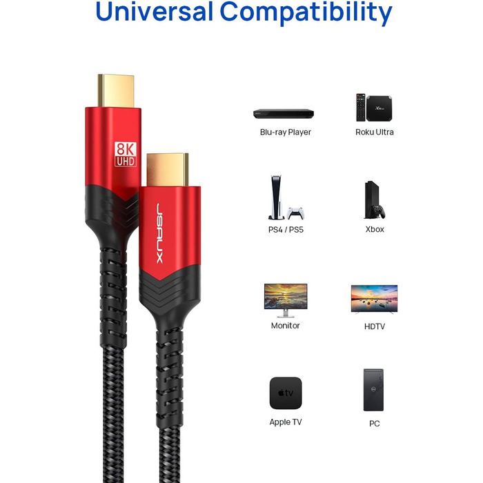 JSAUX HDMI 2.1 Кабель 8K 1.8м: 48Gbps, Highspeed Ethernet, HDR, eARC, Dolby Vision, VRR, для PS4 Pro, PS5, TV, Blu-ray, Проектор (червоний)
