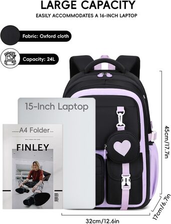 Шкільний рюкзак для дівчаток Tanou, чорний, з дихаючої тканини Oxford, для 3-5 класів