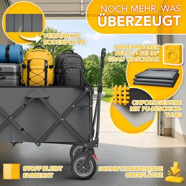 Візок-садок TRESKO® складний 300л з гальмом, вантажність 150кг, суцільні гумові колеса | Універсальний складний візок для пляжу та бездоріжжя, сумка в комплекті (Антрацит)