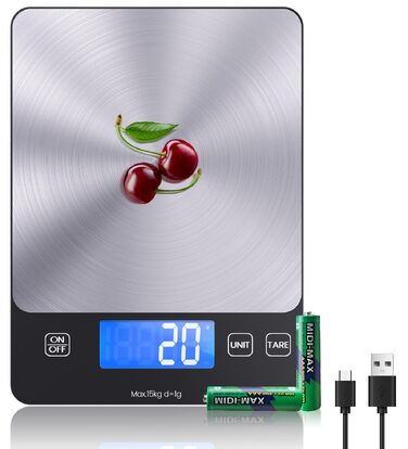 Електронні кухонні ваги Digitale з USB-C, високоточні ваги для продуктів до 15 кг (крок 1г), професійні, чорні