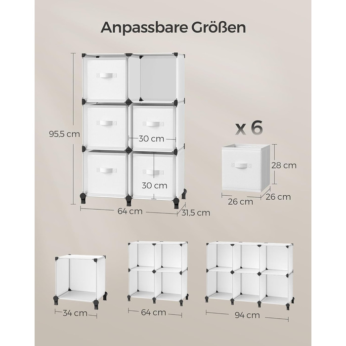 SONGMICS Cube Shelf with 6 Boxes, Shelving System, Storage Shelf with 6 Cubes, DIY, Expandable, Space-Saving, Bedroom, White LPC062W06